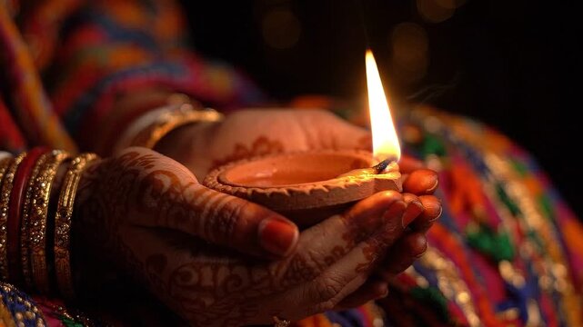 Closeup of hands holding a lit diya oil lamp during diwali festival
