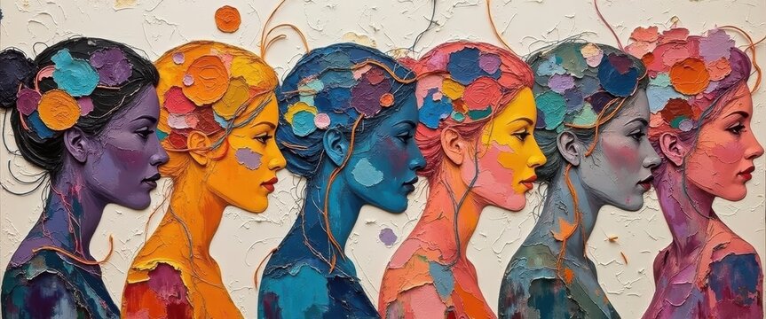 Artistic mural depicting colorful profiles of women in vibrant shades