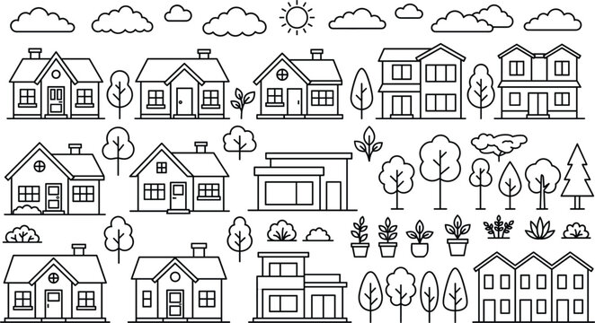 Real estate suburban houses line icon set featuring family homes modern buildings trees clouds town infrastructure architecture vector