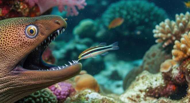 Moray Eel Hunts Small Fish in Vibrant Coral Reef Ecosystem