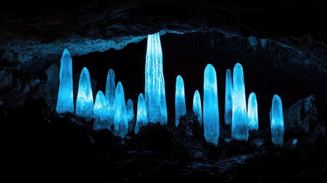 Mysterious, glowing crystals within a subterranean cavern.