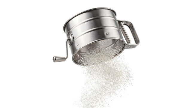 Stainless steel flour sifter with hand crank, professional metal flour sieve with falling white powder, kitchen baking tool on white background