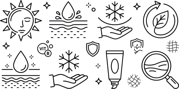 Skincare dermatology sun protection moisturizing cream icons collage linear vector illustration isolated on white background digital graphic design