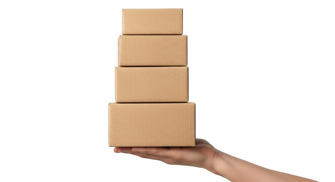 A hand holding a stack of four brown cardboard boxes isolated on transparent background