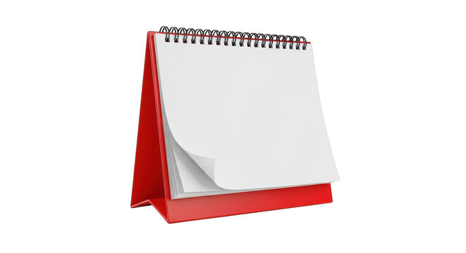 Red desk calendar with blank paper pages for notes isolated on transparent background