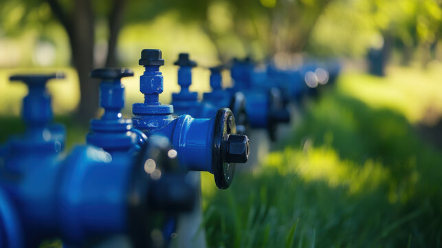 Industrial water valves stand aligned in a row within a grassy field for agricultural irrigation purposes.