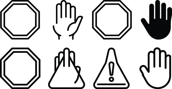 Stop sign hand gesture warning alert octagon shape icons set linear vector illustration isolated on white background digital