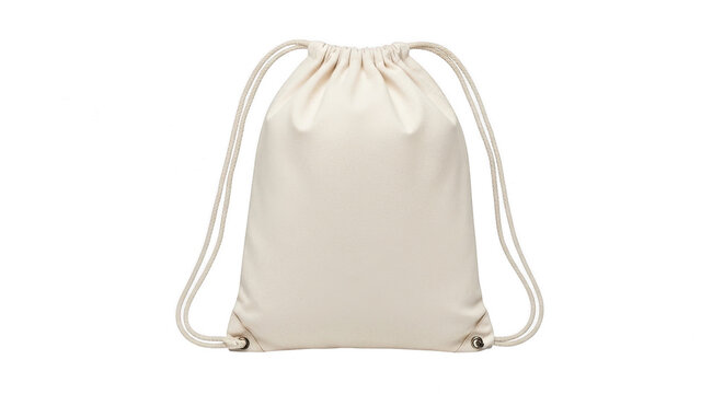 Empty beige cotton drawstring backpack bag isolated on transparent background