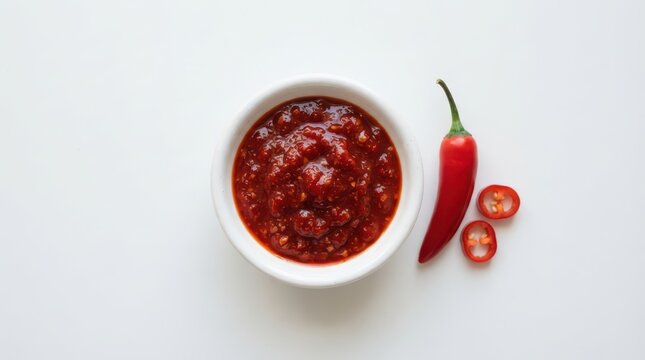 Bowl of spicy chili sauce with fresh red chili pepper isolated on white background