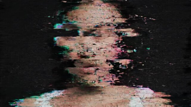 Abstract digital portrait of a woman with heavy signal interference and pixelated glitch effect.