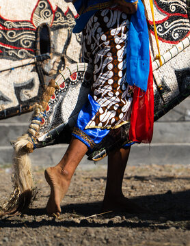 Close up of traditional javanese dancer performing kuda lumping reog ponorogo dance