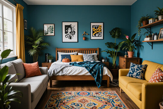Cozy Warm Bedroom Interior Decoration with Teal Wall Color and Colorful Furniture