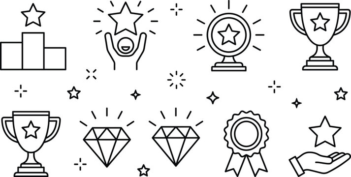 Trophy cup podium diamond star ribbon award winner icons set linear vector illustration isolated on white background digital