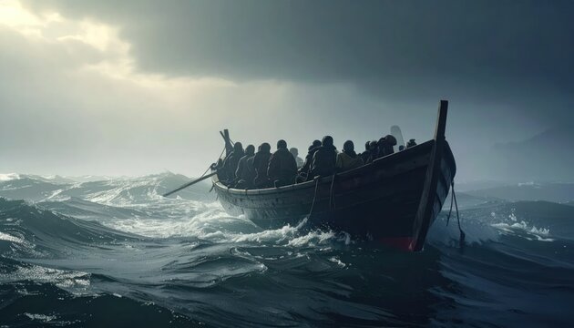A crowded boat navigates choppy, stormy waters under a dramatic sky