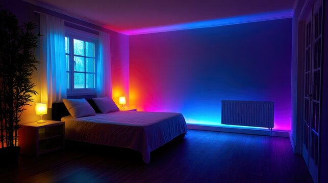 A bedroom glows with ambient LED lights, casting colorful shadows on the walls, creating a cozy atmosphere