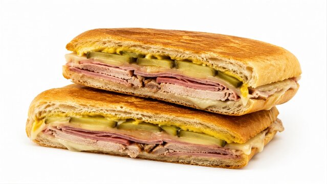 Pressed ham and cheese sandwich halves on white surface