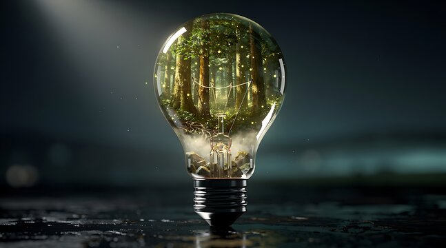 Photoshop creation of a green forest inside a glowing light bulb