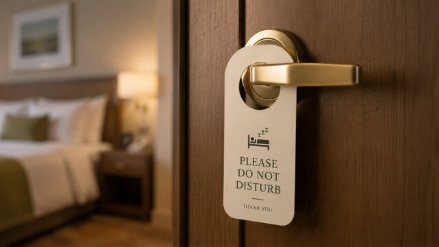 Door hanger indicating do not disturb at hotel room entrance