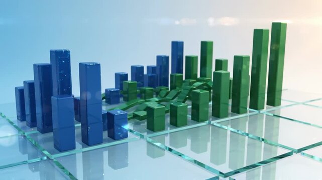 3D Bar Graphs Rising and Falling on Glass Isometric Grid for Corporate Financial Growth Concepts
