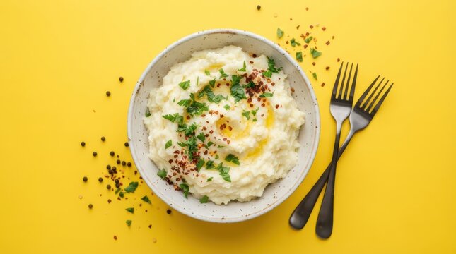 Bowl of creamy mashed potatoes garnished with herbs and spices on yellow background