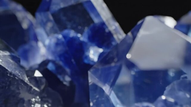Mesmerizing close up view of multiple dazzling blue crystal formations resting on a dark surface against a black backdrop