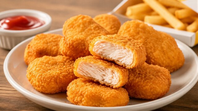 Breaded chicken nuggets stacked on plate with fries and ketchup