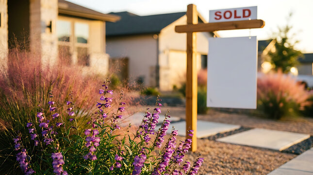 Blank realtor sign in xeriscape yard with blooming penstemon flowers