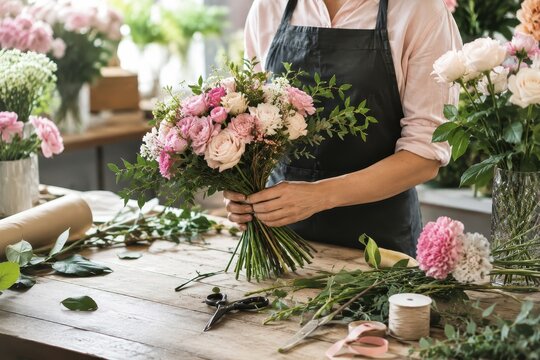 Florist arranging a beautiful bouquet of roses and greenery at a wooden workbench, surrounded by fresh flowers and supplies