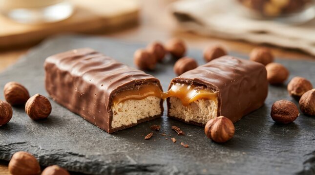 Chocolate caramel hazelnut candy bar broken in half