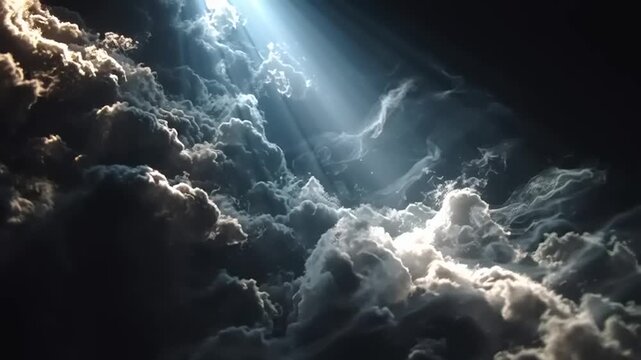 Clouds swirl in a dark atmospheric sky illuminated by a single bright shaft of heavenly light.