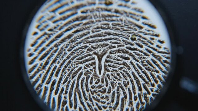 Examining a fingerprint close up with a magnifying glass for forensic science and criminal investigation