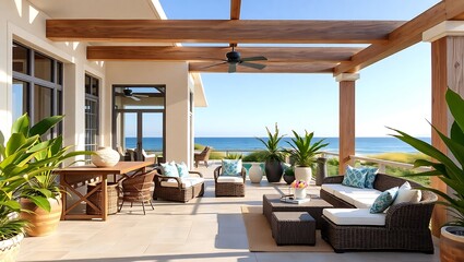 Fototapeta premium Luxury beach house patio with coastal decor, ocean breeze ambiance, 3D stock image