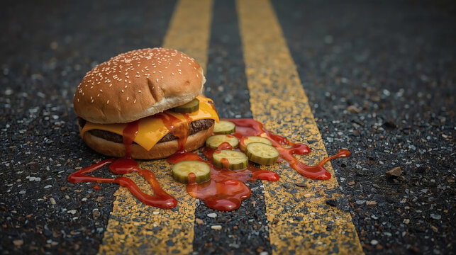 close up cheeseburger spilled on asphalt road messy fast food accident with melted cheese pickles and ketchup splatter street photography food waste urban scene high detail