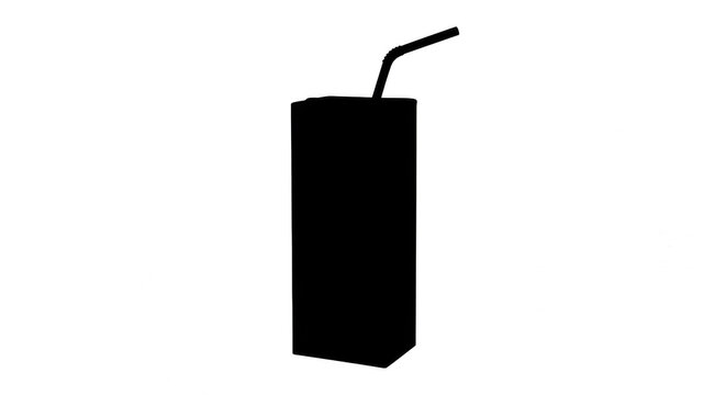 Black silhouette of a juice box with a drinking straw isolated on transparent background