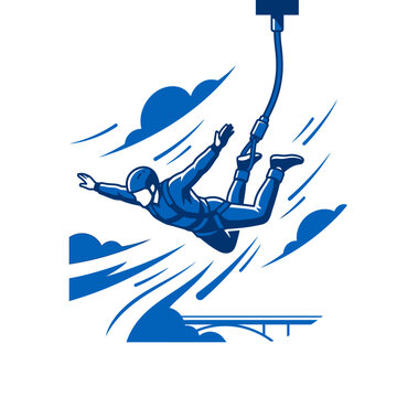 Thrilling Bungee Jumper Free Falling From A Bridge High In The Sky