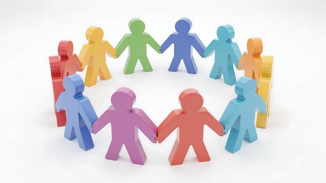 Group of colorful human-shaped figures holding hands in a circle representing unity, diversity, teamwork, and community connection.