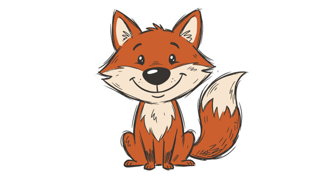 Happy cartoon fox with fluffy tail on white background, playful animal drawing