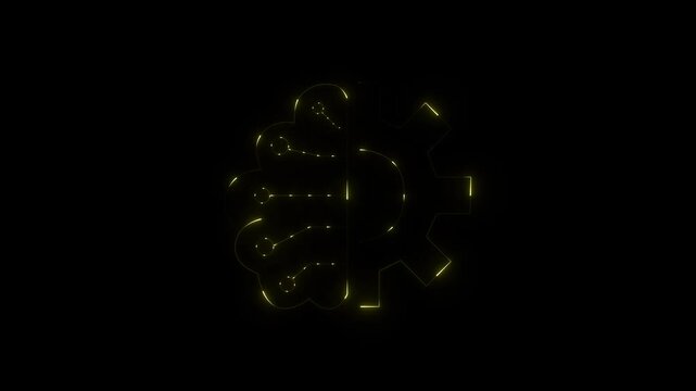 Gear shows a yellow glowing mechanical cog wheel connected to intricate circuit board pathways that represent advanced artificial intelligence systems and complex engineering processes for modern.