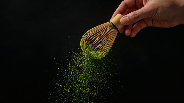 a hand gracefully holding a traditional bamboo whisk chasen sprinkles vibrant green matcha powder against a deep dark background the dynamic motion of the powder creates an elegant high end culinary s