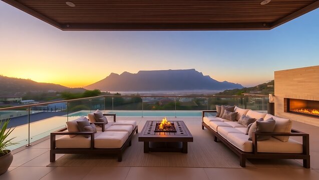 Luxury home terrace in Cape Town, South Africa, with views of Table Mountain, modern design blended with African textures, sunset lighting