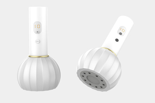 Modern handheld electric massage device with digital display and ergonomic ribbed massage head, isolated on white background.3d illustration