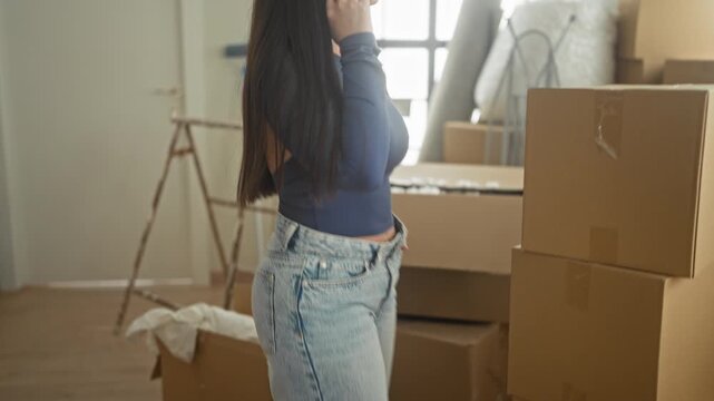 Woman holding smartphone to ear with hand in pocket and exposed midriff, standing beside stacked moving boxes, ladder and rolled rug visible in building; thoughtful planning.