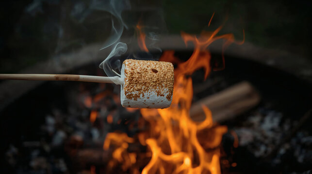 golden marshmallow roasting over vibrant campfire flames glowing embers drifting smoke cozy outdoor camping night nostalgic wilderness adventure warm bonfire light rustic s mores cooking starry sky pe