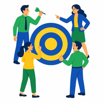 Business Team Surrounding Bullseye Target With Dart and Positive Gestures Flat Vector Illustration
