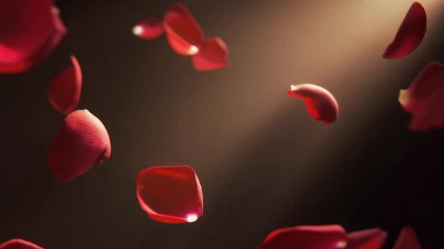 Soft red rose petals drift gently through a warm beam of light, rotating gracefully as they fall with glowing backlighting, creating a romantic cinematic atmosphere in slow motion.