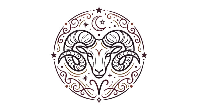 Celestial Aries zodiac sign emblem featuring a ram head with curved horns, surrounded by a decorative circular frame with moon and stars, line art illustration on white background.