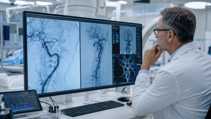 Naklejka na ściany i meble Radiologist reviewing cerebral angiography images of brain blood vessels on a large monitor in a modern interventional radiology suite