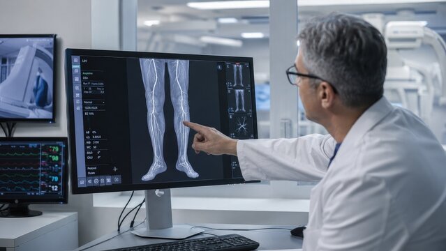 Radiologist examining digital lower-limb angiogram on a medical workstation monitor in a hospital setting