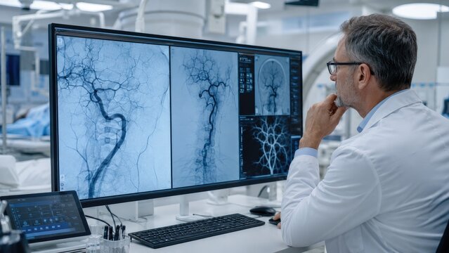Radiologist reviewing cerebral angiography images of brain blood vessels on a large monitor in a modern interventional radiology suite