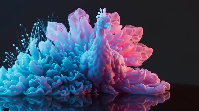 Peacock sculpture formed from billowing clouds of pink and blue ink stands elegantly on a reflective surface.